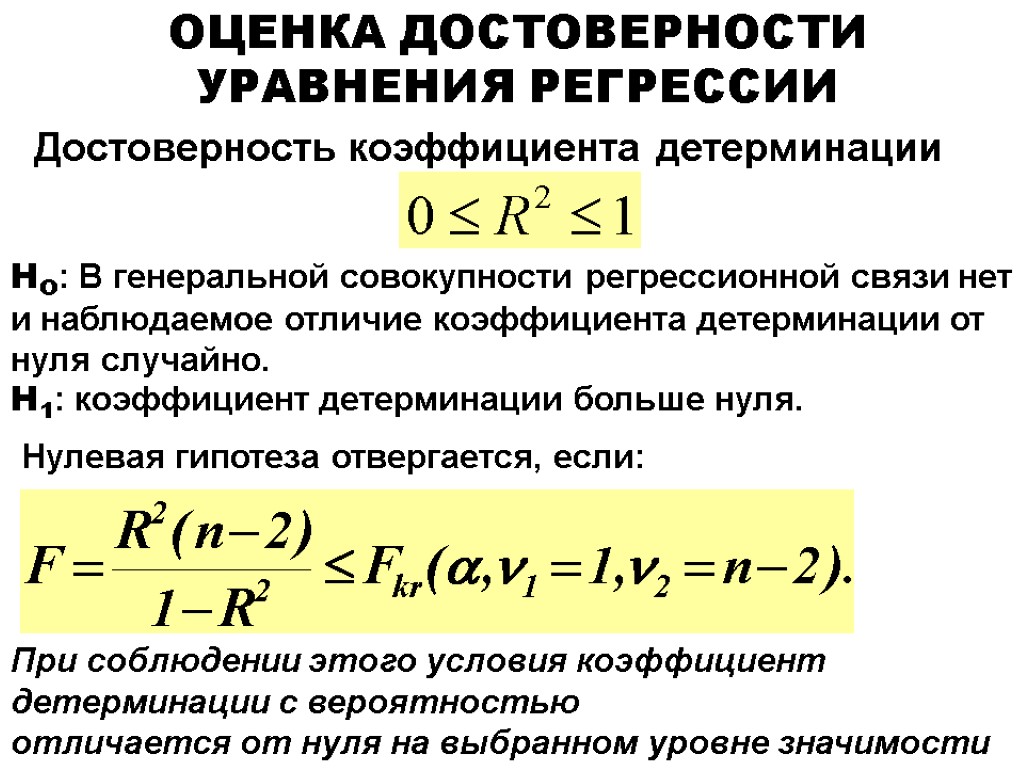 НО: В генеральной совокупности регрессионной связи нет и наблюдаемое отличие коэффициента детерминации от нуля